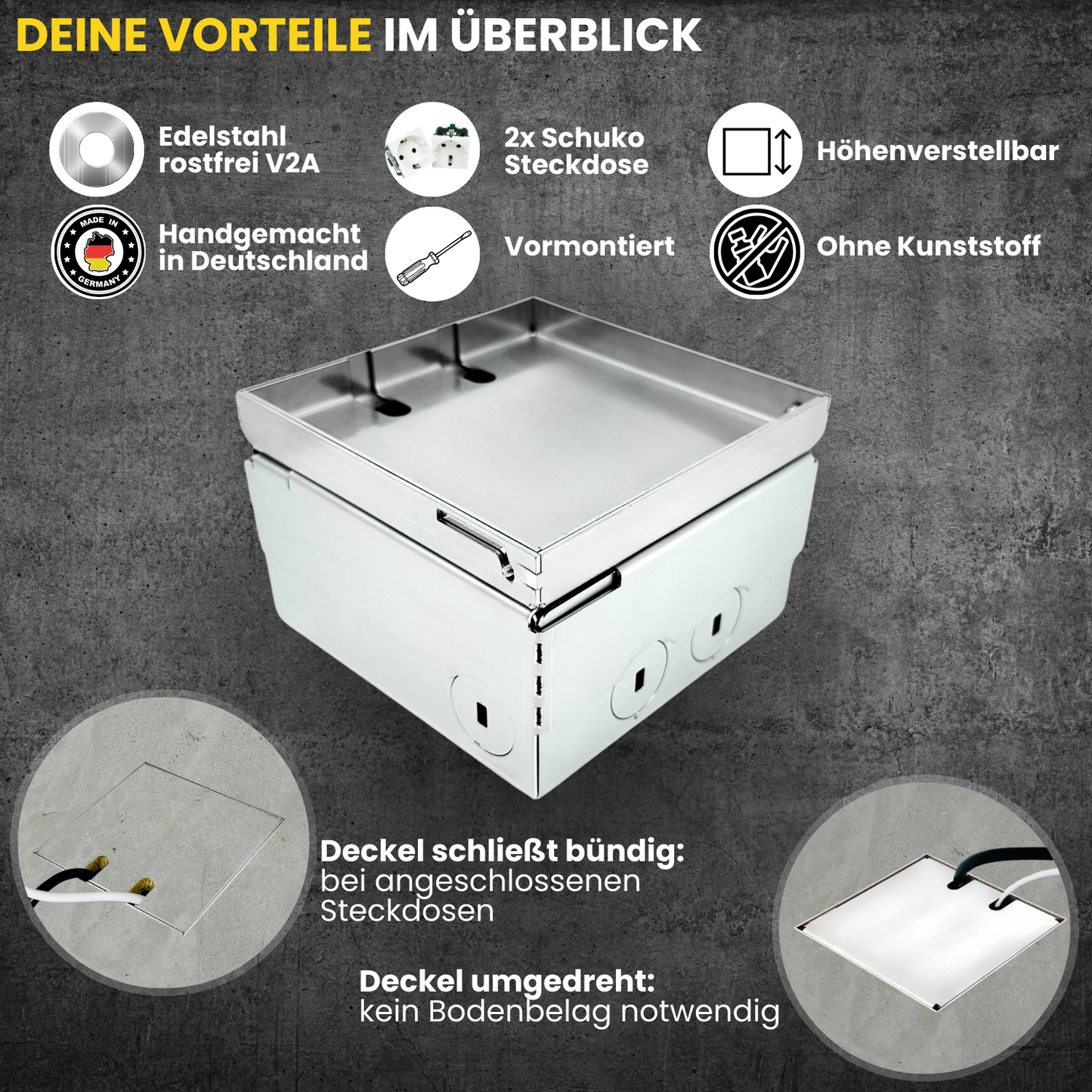 Deine Vorteile im gesamten Überblick. Vormontiert und sofort einbaufähig. Ohne Kunststoff. Höhenverstellbar bis zu 30 mm.