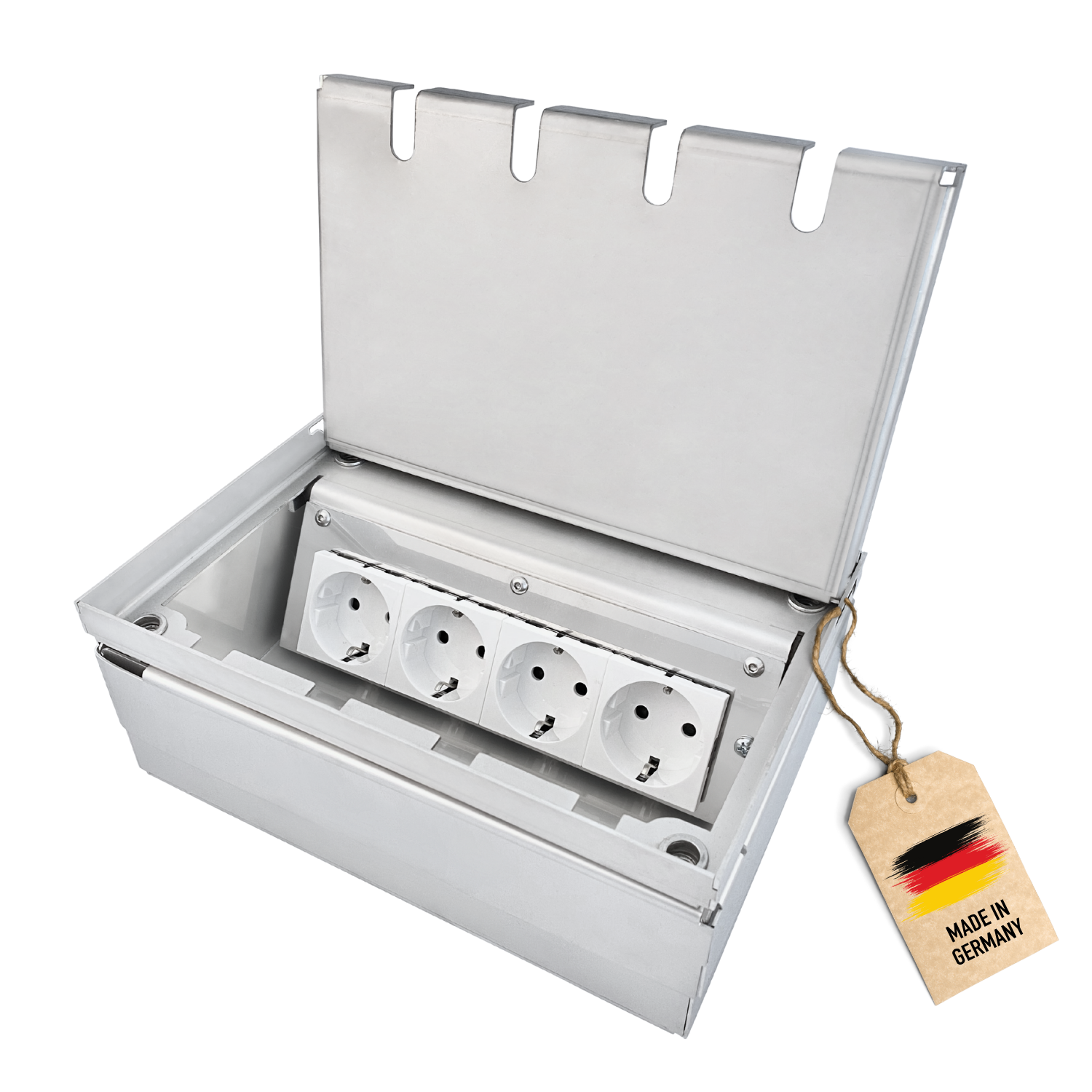4 fach Bodentank mit Steckdosen. Frontansicht mit geöffnetem Deckel. Made in Germany Etikette. 
