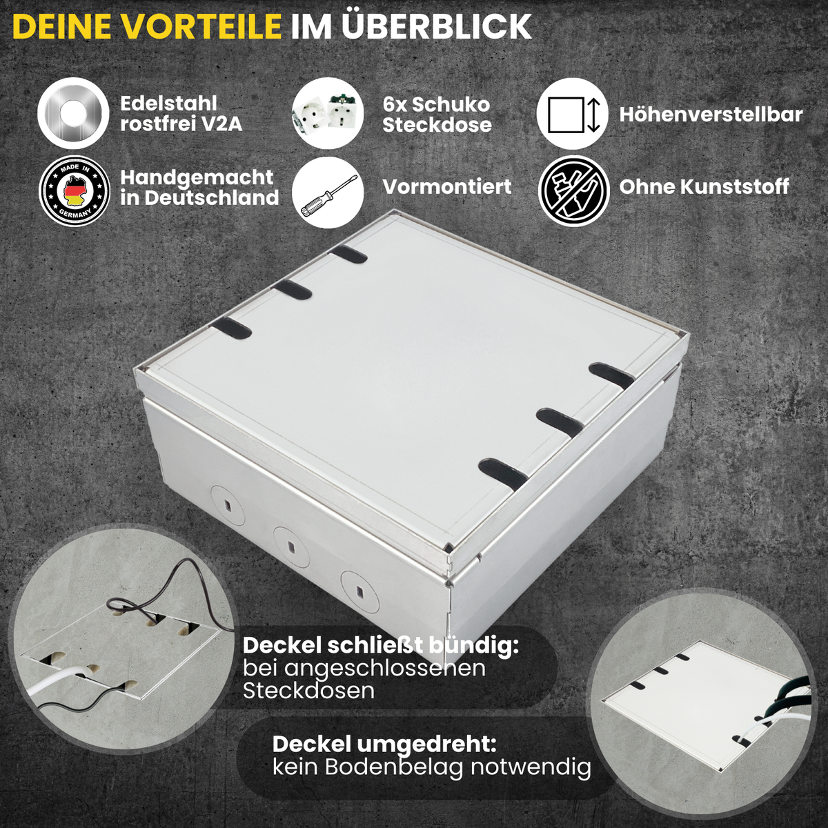Bodentank aus Edelstahl für Innen – robust & belegbar – Steckdosenbox